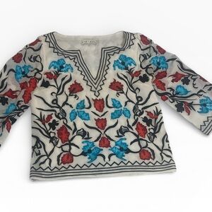 Alice + Olivia Boho Top- Embroidered Red and Blue Floral Embroidery